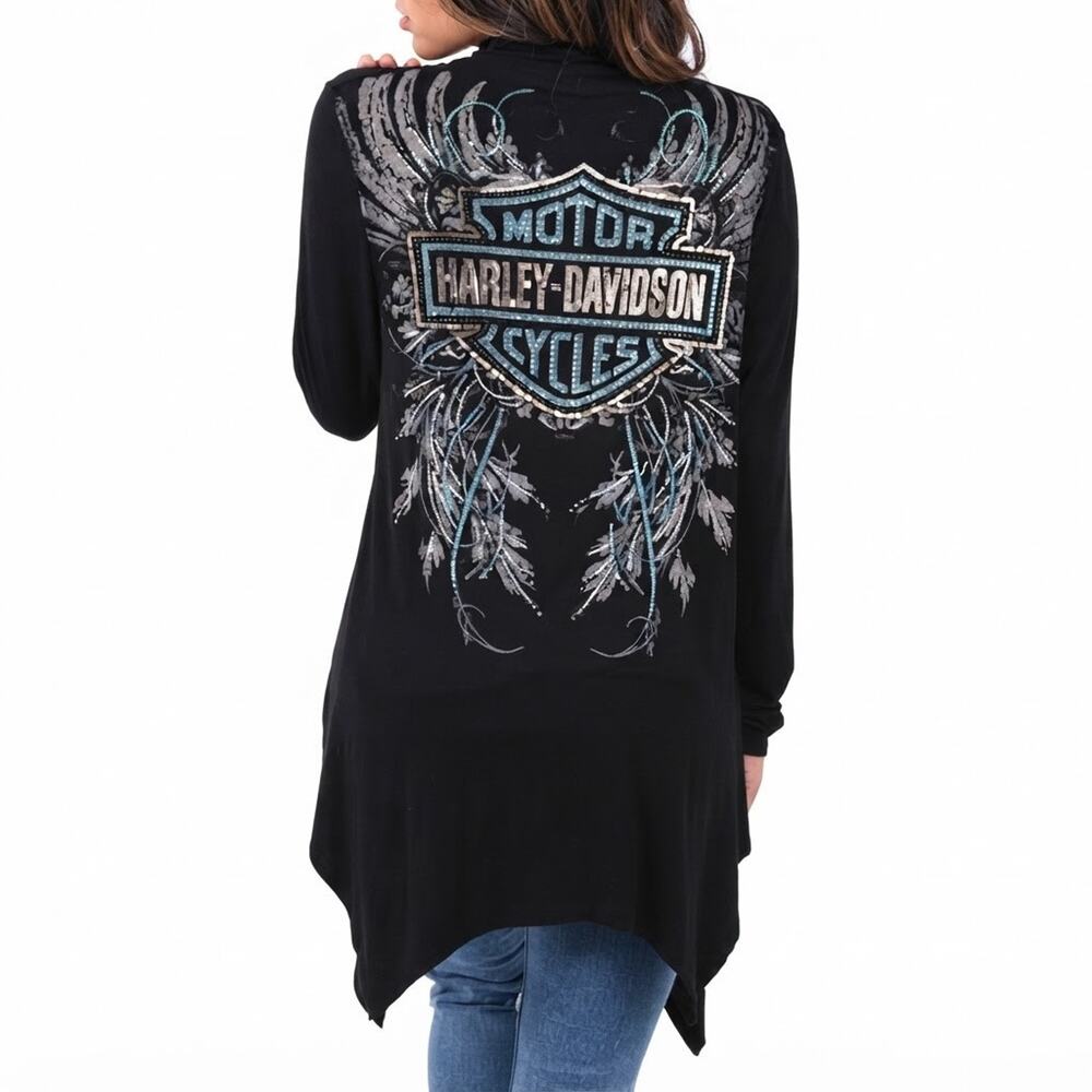 Harley Davidson Cardigan 1XL 2XL Black Teal Rhinestone Wing Draped Open Biker